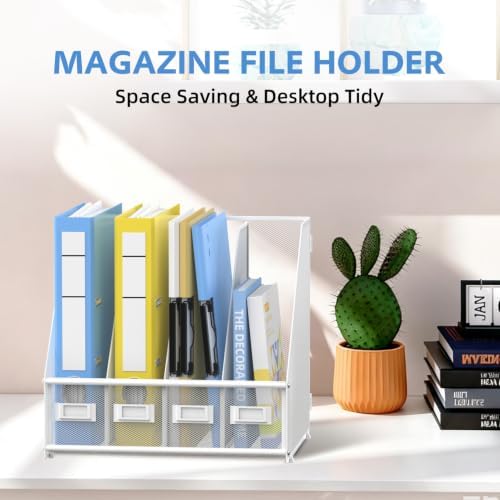 4 Vertical Compartments Magazine File Holder, Metal Binder Organizer, White - Image 4