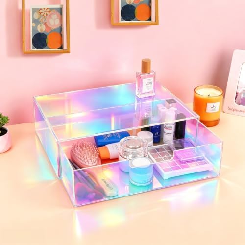 Gelite Acrylic Desk Organizer with Drawer for Makeup Vanity Stackable Desktop Storage Box for Office Supplies, 13.8 x 9.8 x 3.9’’, Iridescent - Image 3