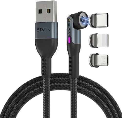 Statik 360 Magnetic Charging Cable - Type C Charger 3 in 1 USB C to USB C Cable, Micro USB & iProduct Tips, USB A Adapter, Phone Charger Cord, Compatible with All Devices - Black 3FT/1M, 3 Pack by Statik