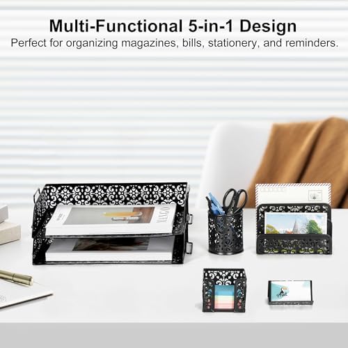 EasyPAG Desk Organizers and Accessories 5 Pieces Office Supplies Set - 2 Tier Paper Tray, Pencil Organizer for Desk, Mail Sorter Countertop, Business Card Holder and Sticky Note Holder, Black - Image 3