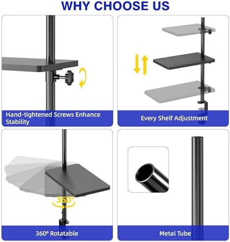 3 Tiers Clamp On Desk Shelf, 360° Angle Adjustable Desktop Shelf Organizer for Home Office Gaming Room, No Drill Desk Extender Adapt to 0.4-2.16 inches Table Thick, Black Brown - Image 5