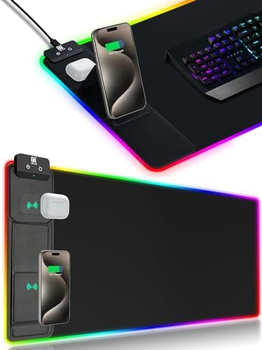 XXL Mouse Pad with Phone Holder - Black, RGB Desk Mat with 15W Fast Charging, LED Gaming Mousepad with 11 Light Colors, Waterproof Non-Slip Pad for Office & Home by miroddi