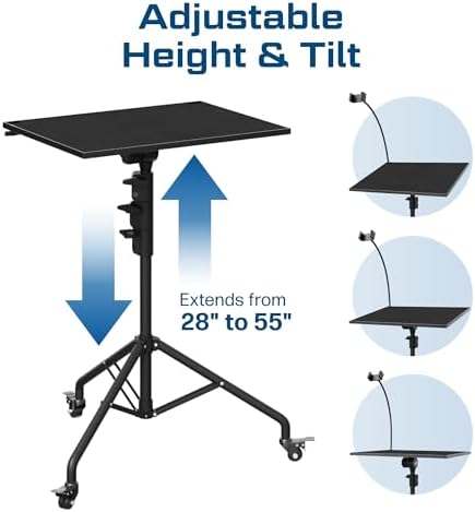 Projector Stand Tripod Laptop Tripod with Wheels & Adjustable Height Portable Podium Stand with Phone Holder Projector Holder for Home, Office, School & DJ Matte Black - Image 4