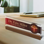 Artblox Personalized Office Desk Name Plate and Business Card Holder | Clear Acrylic Glass with Teak Wood Stand | Doctor Design Customized with Your Name and Credentials Office Desk Decor - Image 2