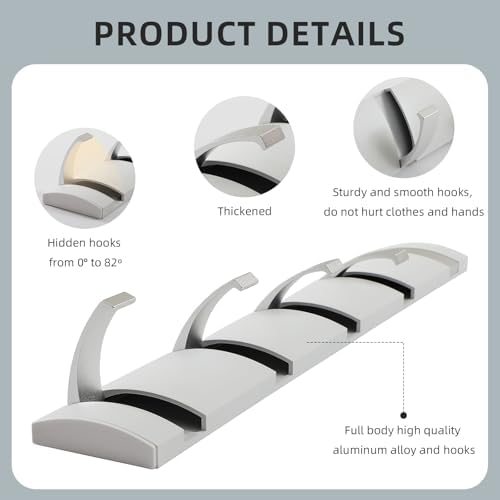 2 Pack Foldable Stylish Modern Hook Rack with 5 Hooks, Coat Hooks Wall Mount, Metal Coat Hook Rail for Coat Hat Towel Purse Robes Mudroom Bathroom Entryway (White and Silver) - Image 5