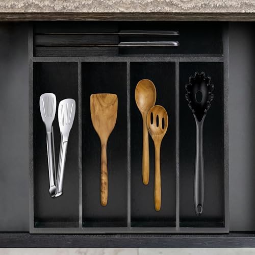 VaeFae Bamboo Silverware Drawer Organizer, 5 Slots, Black - Image 5