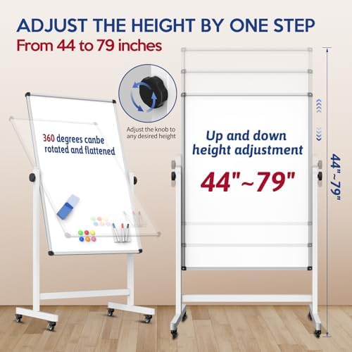 44x26 Rolling Whiteboard on Wheels, Height Adjustable Dry Erase Board - Image 2