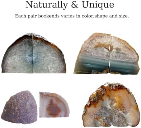 Natural Agate Geode Bookends - 2 to 3 lb Heavy Duty Rock Crystal Stone Book Ends for Shelves, with Rubber Bumpers, Decorative Book Holders for Home Office - Image 4