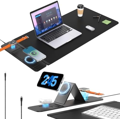 25W Wireless Fast Charging Mouse Pad with Foldable Phone Holder, 2nd Gen 3-in-1 Wireless Charging Desk Mat 35.4" x 15.7" Large Waterproof Desk Pad for Office, Gaming & Home by AEOVOLL