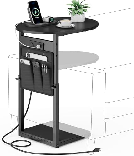 Vagusicc C Shaped End Table with Charging Station, 32" Tall Side Table for Couch and Recliner, Adjustable Height Small Couch Side Table Slide Under Sofa TV Tray Table for Living Room, Bedroom, Black by Vagusicc