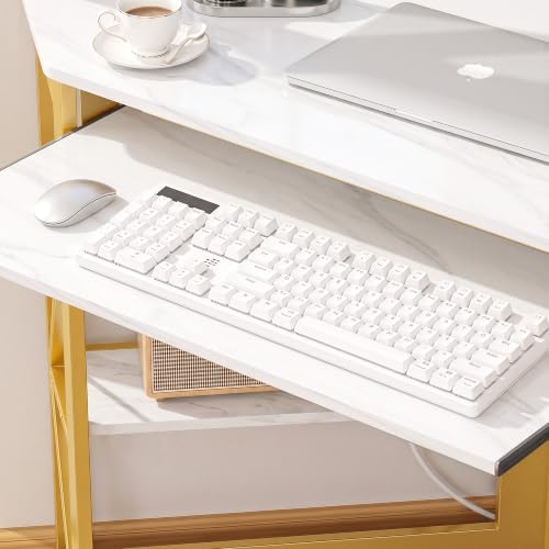 VECELO Corner Desk, Triangle Computer Desk for Small Space with Charging Station and Keyboard Tray, Corner Makeup Table with Storage Shelves for Home Office Bedroom, 41x30, Gold - Image 4