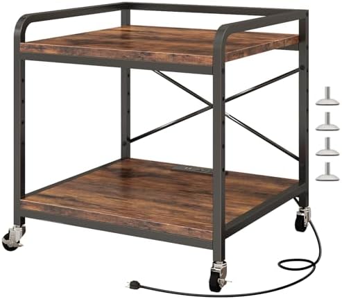 Under Desk Printer Stand with Power Outlet, Adjustable Shelf,Rustic Brown by METYERRY