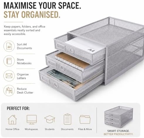 Exerz Paper Sorter 3 Drawer Wire Mesh A4 / Desk Multifunctional Desk Organiser/Multi-Layer Letter Tray - for Documents, Magazines, Notebooks and Letter (Silver) - Image 3