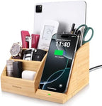 Bamboo Pen Holder with Wireless Charger, Desk Organizer 5 Compartments by Investme
