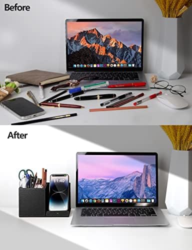 Desk Supplies Organizer, Multi-Functional Pencil Pen Holder with Wireless Charger, Desktop Stationery Organizer, Home Office Supply Storage Box Caddy (Black) - Image 2