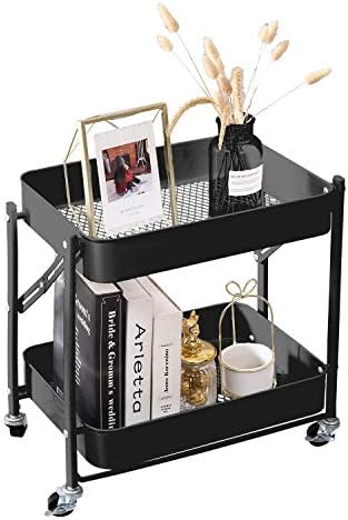 Melody House 2-Tier Metal Folding Rolling Cart, Mobile Utility Cart Trolley Storage Organizer for Office Home Kitchen Organization, Sofa Side End Table with Wheels, Black by MelodyHouse