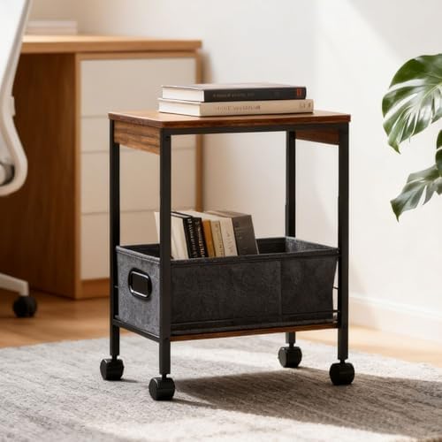 Slim Rolling Side Table with Basket, Narrow Storage Cart on Wheels for Sofa - Image 5