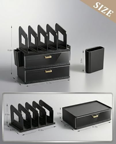 LALOBLUE Acrylic Desk Organizer with Drawer and Vertical File Holder, Desk Organizers and Accessories, Multi-Functional Office Supplies Organizer for Home or Work Desk, Black - Image 2