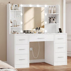 FIONESO Vanity Desk with LED Light Mirror & Power Outlet, 3 Adjustable Light Color, Makeup Vanity with 7 Drawers, 4 Shelves, 5 Jewel Hooks, White Vanity for Bedroom, Girls Vanity - Image 2