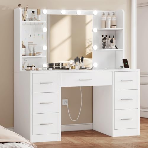FIONESO Vanity Desk with LED Light Mirror & Power Outlet, 3 Adjustable Light Color, Makeup Vanity with 7 Drawers, 4 Shelves, 5 Jewel Hooks, White Vanity for Bedroom, Girls Vanity - Image 2