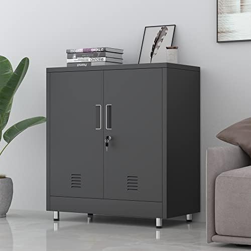 JINGUR Metal Storage Cabinet with Locking Doors and Adjustable Shelf, Small Lockable Sideboard Buffet Cabinet for Home Office Hallway Entryway Living Dining Room (Black) - Image 2