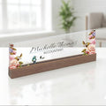 ARTBLOX | Office Personalized Name Plate Flower with Bird Design On Clear Acrylic Glass for Desk with Business Card Holder by Artblox