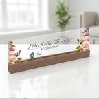 ARTBLOX | Office Personalized Name Plate Flower with Bird Design On Clear Acrylic Glass for Desk with Business Card Holder by Artblox