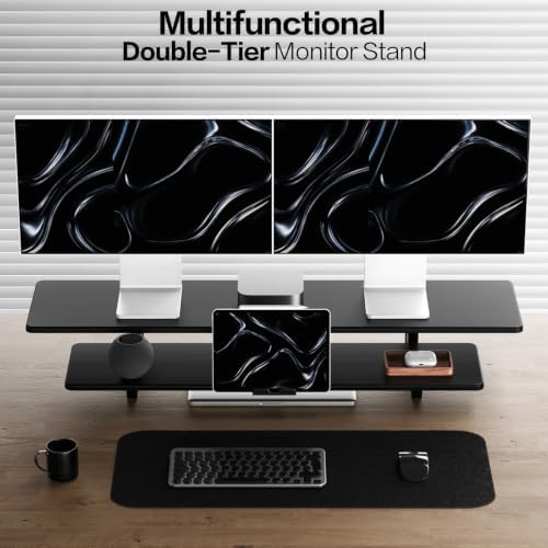 TRIN&AUSAN Dual Monitor Stand Riser, Wooden 2-Tier Computer Monitor Stand with Storage, Adjustable Ergonomic Desktop Monitor Riser with Cable Management & Phone Holder for Home Office Desk (Black) - Image 4