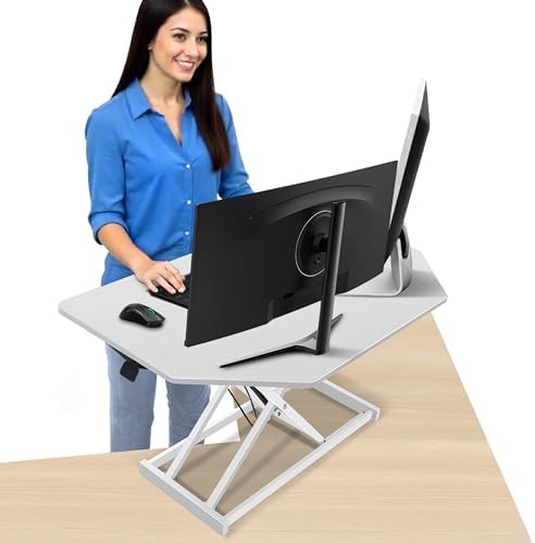 34 inch White Corner Height Adjustable Standing Desk Converter, One-Click Sit to Stand up Desk Riser, Pre-Assembled Dual Monitor and Laptop Workstation by Aconcept