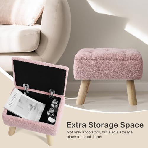 OGEMXU Storage Ottoman, Small Foot Stool Ottoman with Storage, Boucle Teddy Velvet Foot Rest with Padded Seat, Sturdy Wood Legs Stool for Living Room, Bedroom, Couch, Enterway (Pink) - Image 5