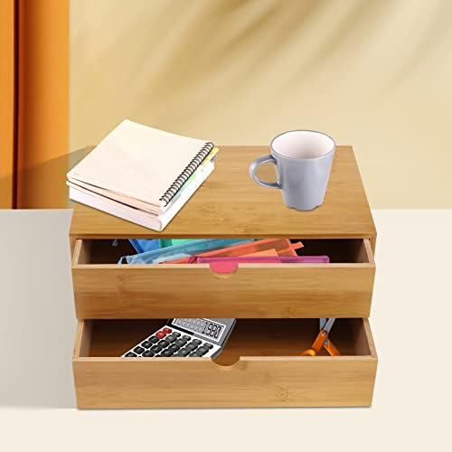 Bamboo Desk Organizer Small Retro Bamboo Tabletop Storage Box with Drawers& Recess Handles for Office Home Supplies Table Storage Collector 13 * 7.5 * 6in (2 Drawers) - Image 2