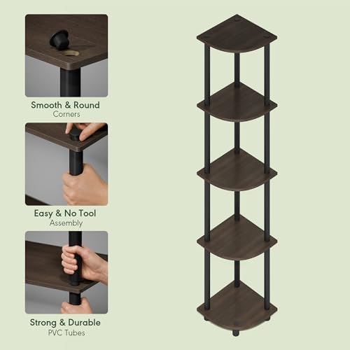 Furinno Turn-N-Tube Corner Shelf, 5-Tier Corner Bookshelf, Open Storage Shelves, for Organization and Storage, Living Room, Home Office, Garage, Bedroom, Brown Grain - Image 6