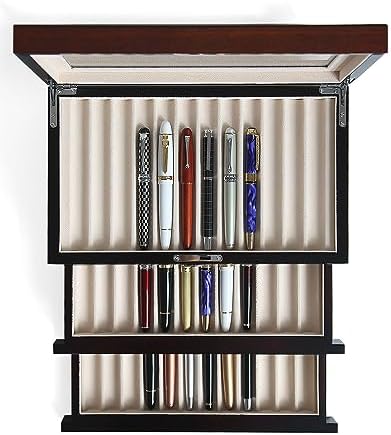 wood pen display case 36 slot Fountain pen Box storage Organizer with drawer, Top Glass Window Pen Collection Display Case by Besforu