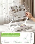 Book Stand for Reading, Acrylic Adjustable Book Holder with Book Page Holder, 360°Cookbook Stand with Storage for Kitchen Counter, Hands Free Recipe Book Holder for Textbook Cookbook, Clear - Image 3