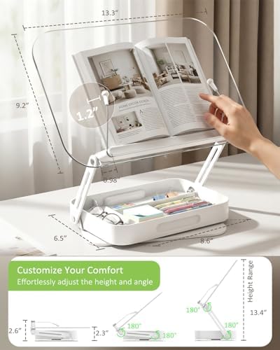 Book Stand for Reading, Acrylic Adjustable Book Holder with Book Page Holder, 360°Cookbook Stand with Storage for Kitchen Counter, Hands Free Recipe Book Holder for Textbook Cookbook, Clear - Image 3