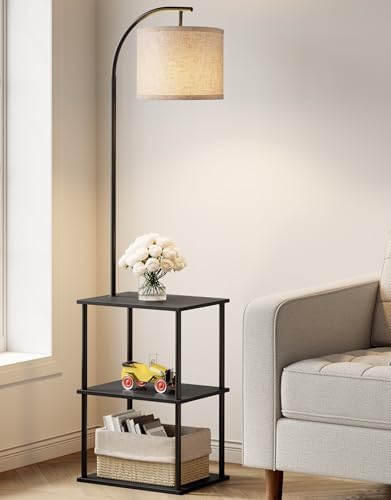 PARTPHONER Floor Lamp with Table, Night Stand with Lamp, Narrow Side Table with 3CCT LED Bulb, Small Coffee Table, Modern End Table with Storage Shelves for Living Room Bedroom Home Décor, Black by PARTPHONER