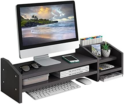 Computer Monitor Riser, 2 Tier Wooden Stand With Two Layer Storage Rack, Black Desktop Organizer for PC/Laptop, Home & Office by KUHEITAER