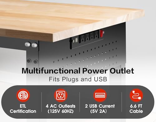 84” Heavy Duty Workbench, 5000 LBS Capacity Adjustable Work Bench with Pegboard and Power Outlet, Rubber Wood Work Table for Garage, Office, Workshop, Home - Image 5