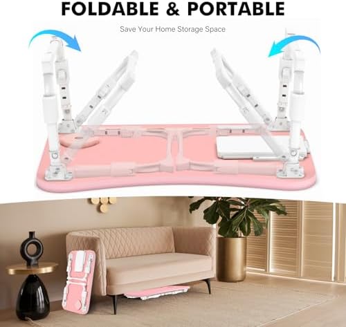 Lap Desk for Bed Adjustable Height, Foldable Bed Table with Storage Drawer, Tablet Slot & Cup Holder, Portable Laptop Stand for Bed & Sofa, Bed Desk for Adults & Kids, Pink - Image 7