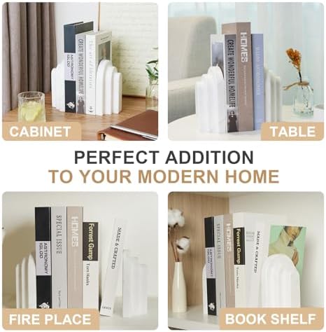 Natural Marble Book Ends - Heavy Duty Bookends for Shelves - Aesthetic Layered Arch Design Stone Book Holders, Decorative Modern Office Bookshelf Stopper Decor for Books/CDs, White - Image 5