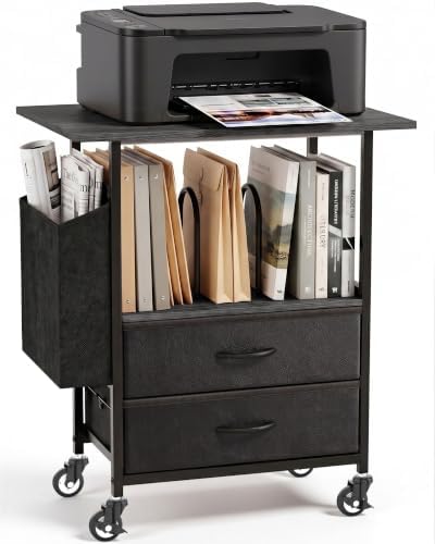 Faesun Printer Stand with Storage, 22'' Rolling Printer Table with 2 Fabric Drawers, File Cabinet for Home Office, Small Office Storage Cabinet with Side Pocket & Dividers, Gray by Faesun