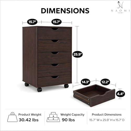 Naomi Home Under Desk Office File Cabinet with 5 Drawers, Rolling Storage Organizer with Lockable Wheels, Handle-Free Design & Spacious Top Surface, Compatible Cabinet for Home Office - Espresso - Image 6