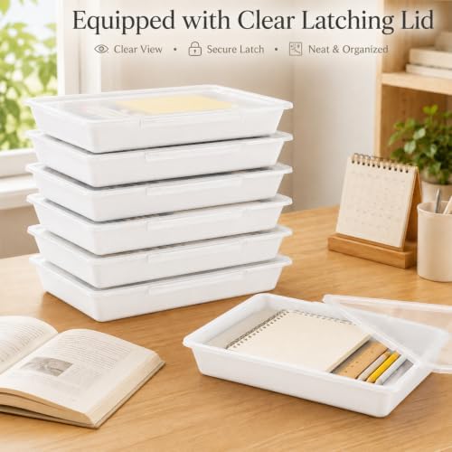 gisgfim 12 Pack Flat Storage Paper Tray with Clear Latching Lids, White - Image 6