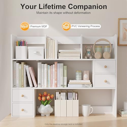Desk Hutch Top Only, Desktop Hutch with 8 Shelves & 4 Drawers, Vanity Desk with Hutch, Extendable Small Desk Shelf for Top of Desk, Desktop Bookcase Bookshelf for Home Office - Image 5