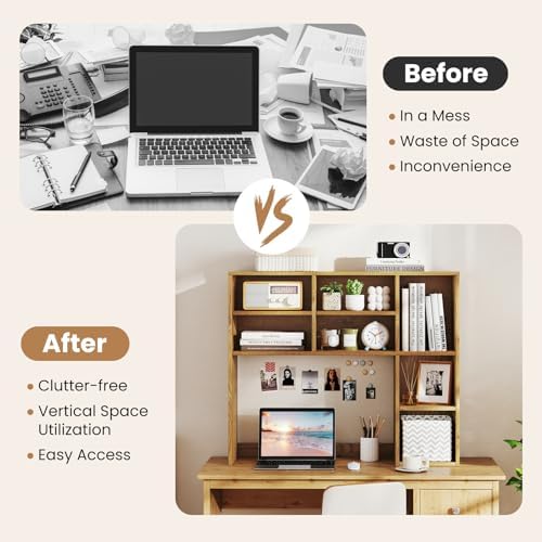 GOFLAME 7 Cubes Desktop Bookshelf, 37” Desk Organizer Shelf with 3 Adjustable Shelves, 3-Tier Wood Countertop Display Rack, Multipurpose Tabletop Desk Hutch for Dorm, Home Office, Natural - Image 6