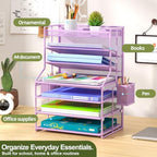 Purple 7 Tier Desk File Organizer, Metal Letter Tray Paper Organizer with Pull-Out Drawer, Removable Pen Holder & Hanging Basket, Vertical Desktop File Holder for Home Office, Classroom - Image 2