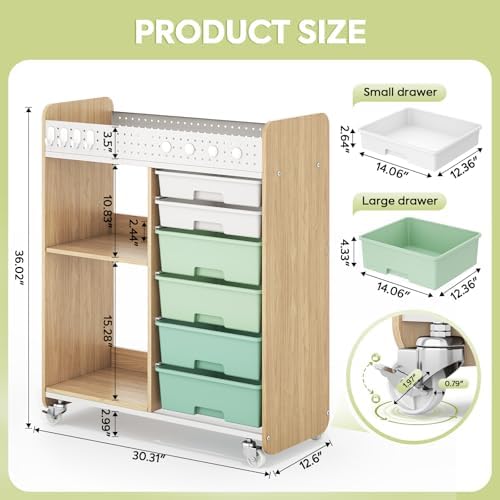 Rolling Craft Cart with 6 Drawers, Pegboard and Locking Wheels Green - Image 3