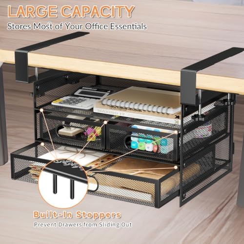 Under Desk Drawer Storage Organizer 3-Tier No Drill Office Black - Image 3
