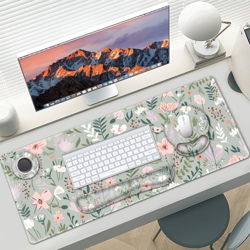 AIMSA Keyboard Mouse Pad Set, Extended Mouse Pad, Keyboard Wrist Rest Support, Memory Foam Ergonomic Desk Pad Set for Home Office Study Game, Pink White Flowers Plants - Image 2