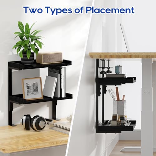 Clamp On Desk Shelf 2-Tier, 12.6 inche Wood Shelving Unit for Office Desk/Gaming Accessories, Tabletop Book Storage Rack, Shelf for Top & Under of Desk, Black - Image 4
